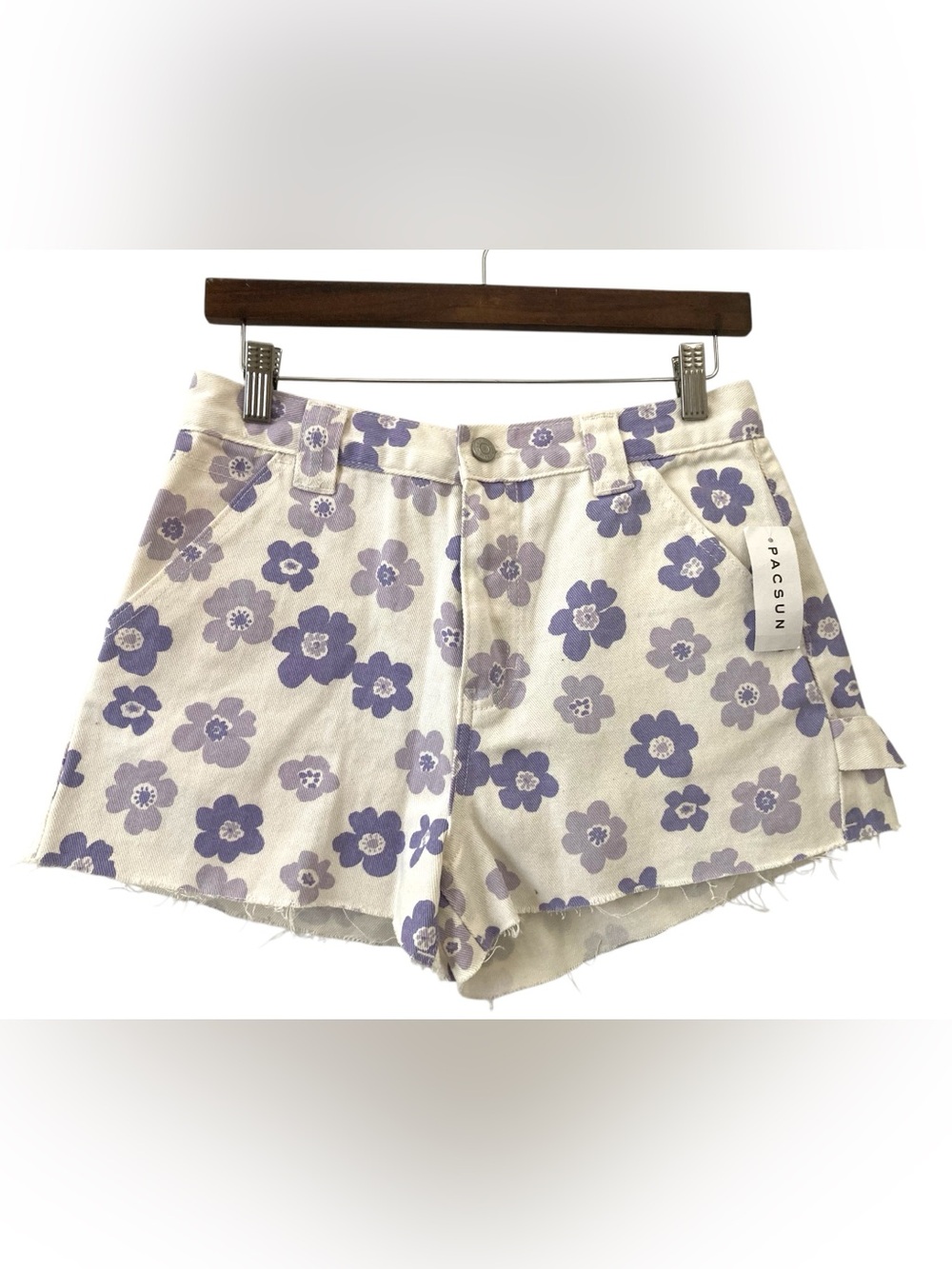 PacSun white Denim Shorts with Lavender purple Floral Print 70s 80s 90s